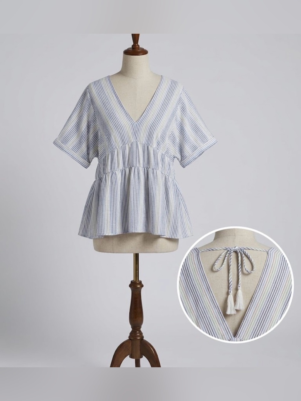 Davi & Dani 2XL Babydoll Striped Peplum Blouse Top Shirt 100% Cotton Tassel Tie
